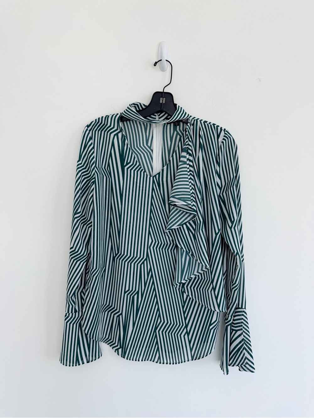 Lea & Viola Green and White Striped Ruffle V-Neck Blouse